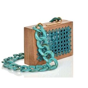 Maxi Rose Natural Acqua Wooden Mini Bag with Teal Acrylic Chain